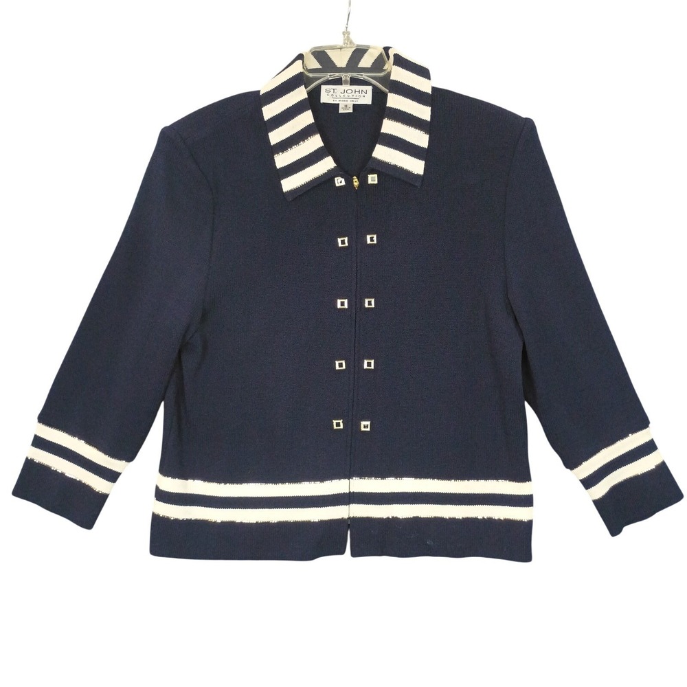St. John Collection Womens 16 Knit Jacket Navy Blue Gold Trim Preppy Sailor VTG